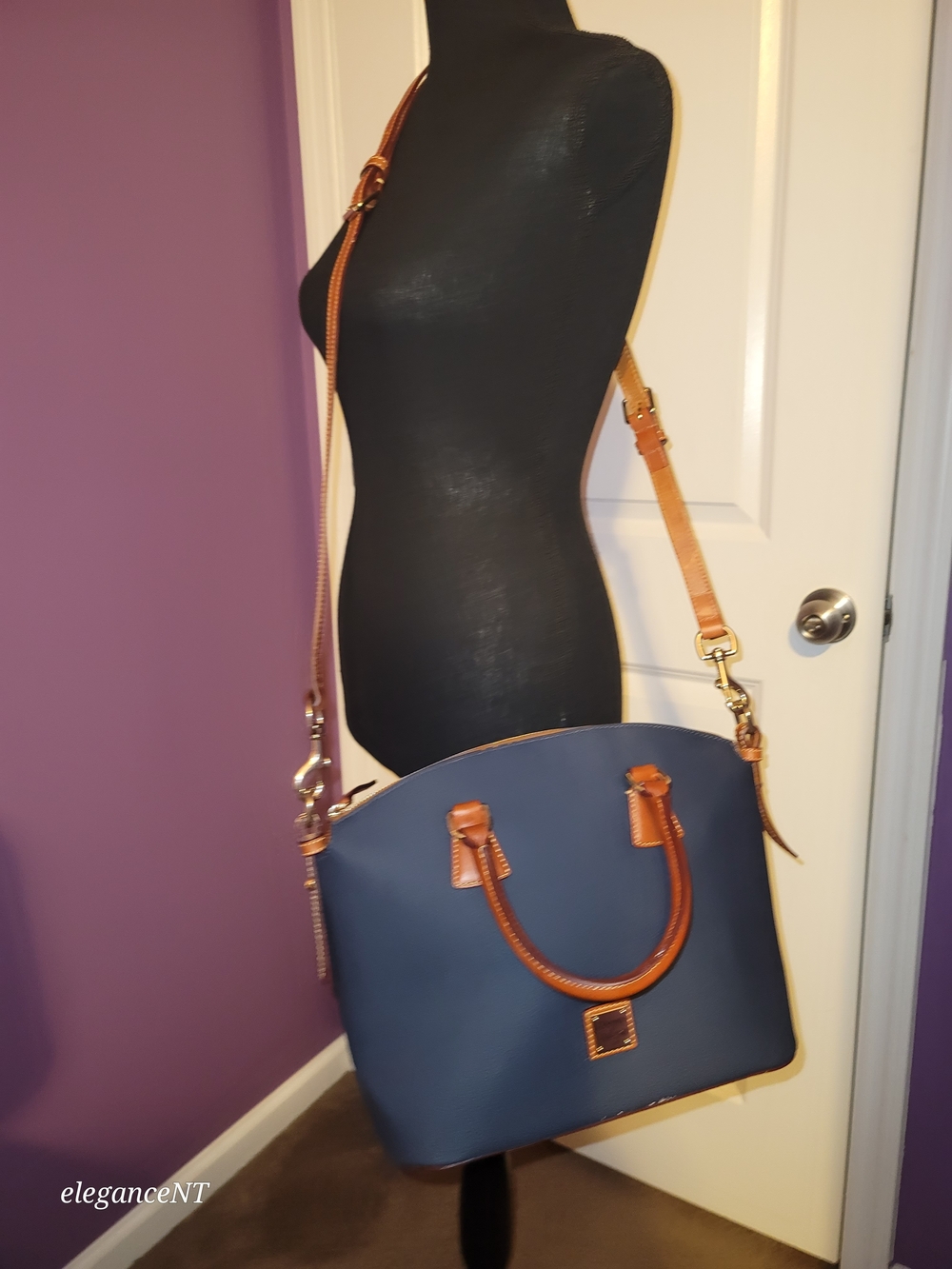 Dooney & Bourke Navy Kirby Domed Satchel Leather with Tan Trim - Picture 15 of 17